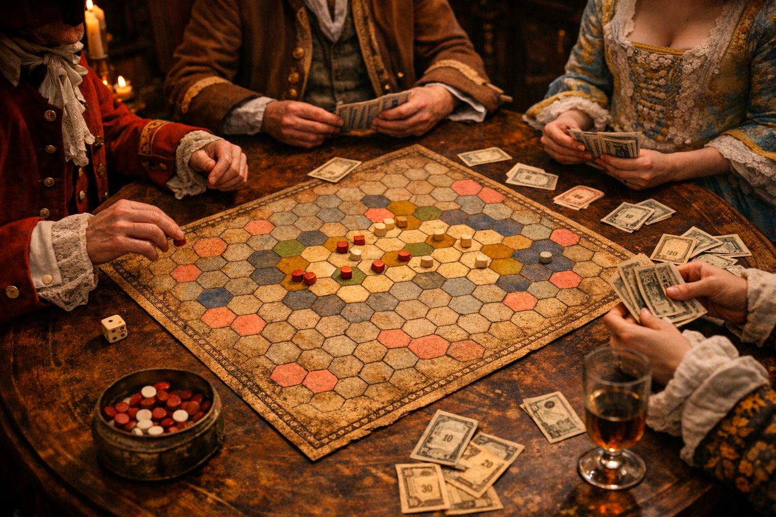 Una partida de 1713 Menorca en curso: el tablero hexagonal, los billetes repartidos por la mesa y los jugadores con sus cartas